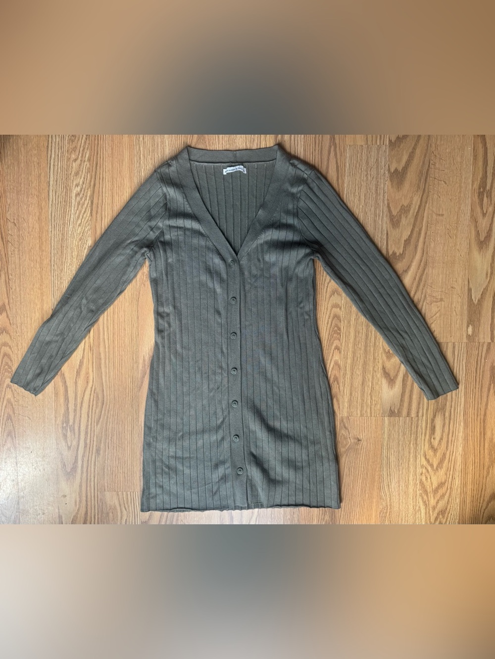 Abercrombie & Fitch Olive Ribbed Button-Front Long Sleeve Dress - Large